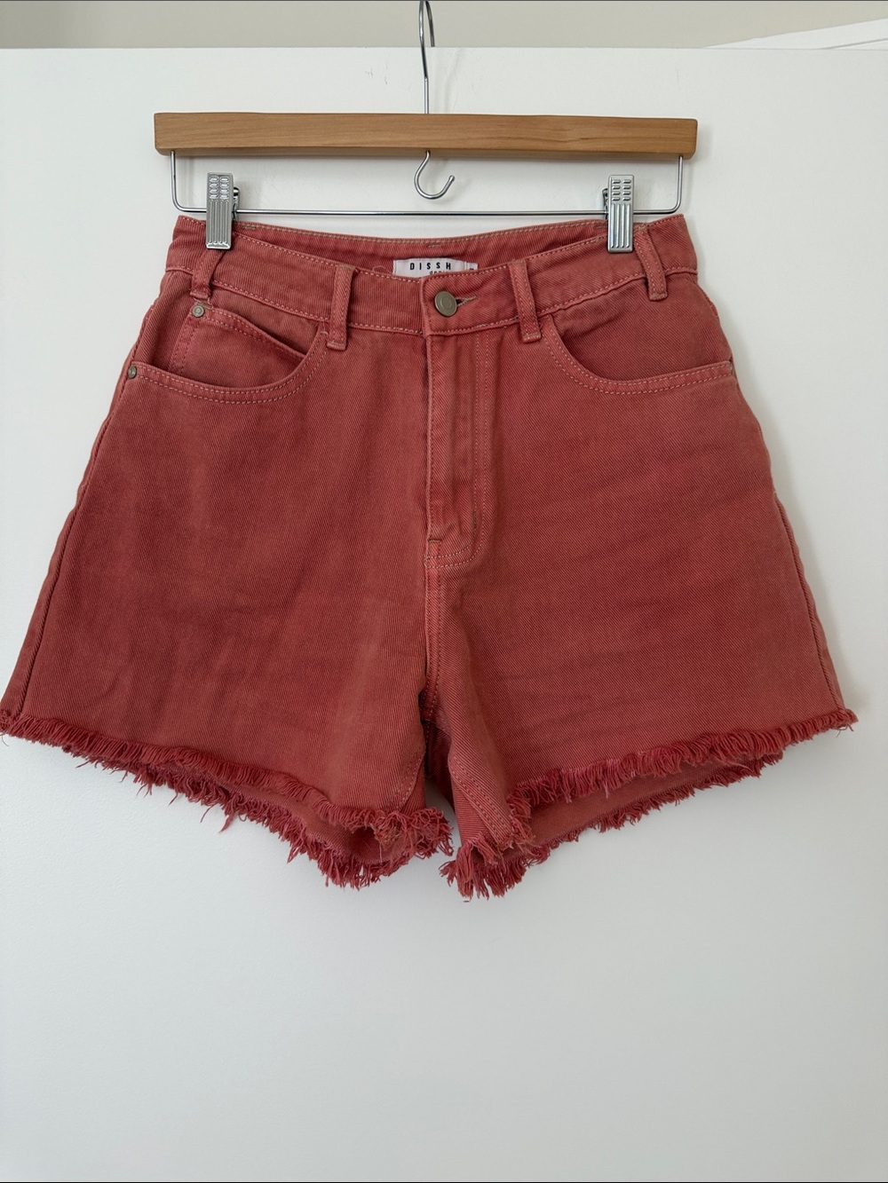 DISSH Red Pink Frayed Hem Denim Shorts US 4 Small 100% Cotton Summer